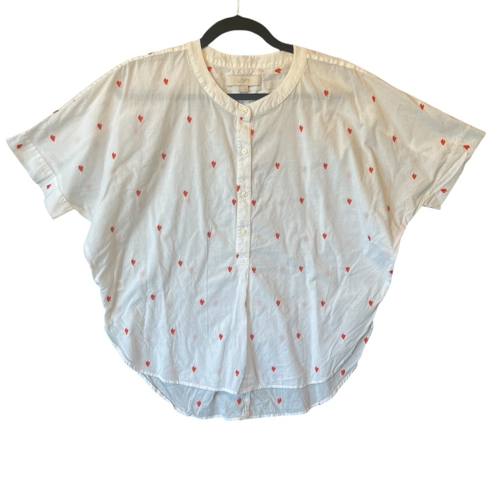 Ann Taylor Loft Rooster blouse M White Relaxed Popover Lightweight cotton top